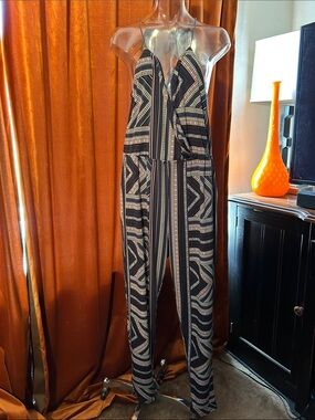 BCBGeneration Navy and White Geometric Halter Jumpsuit
